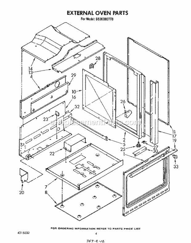 Whirlpool SS363BETT0 Gas Range External Oven Diagram