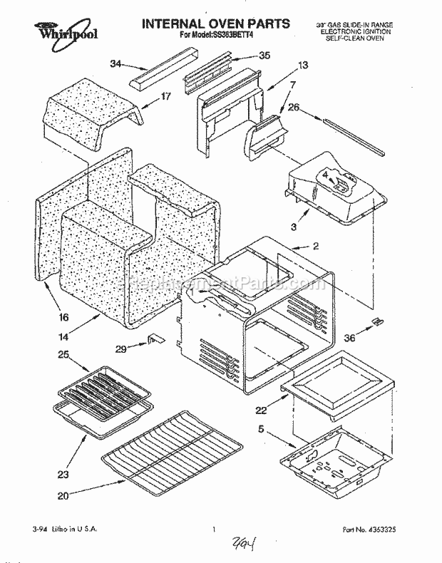 Whirlpool SS363BETT4 Slide-in Gas Range Internal Oven, Literature Diagram