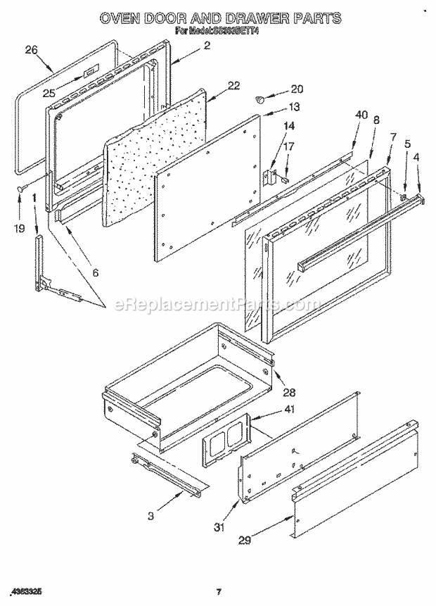 Whirlpool SS363BETT4 Slide-in Gas Range Oven Door and Drawer Diagram