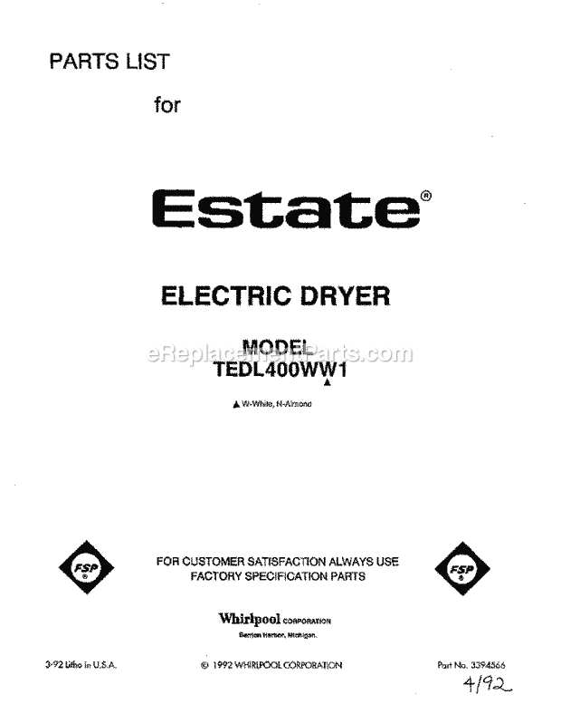 Whirlpool TEDL400WN1 Dryer Page D Diagram