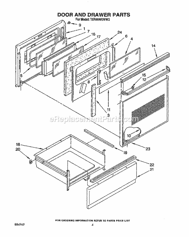 Whirlpool TER46W0WW2 Electric Range Door and Drawer Diagram