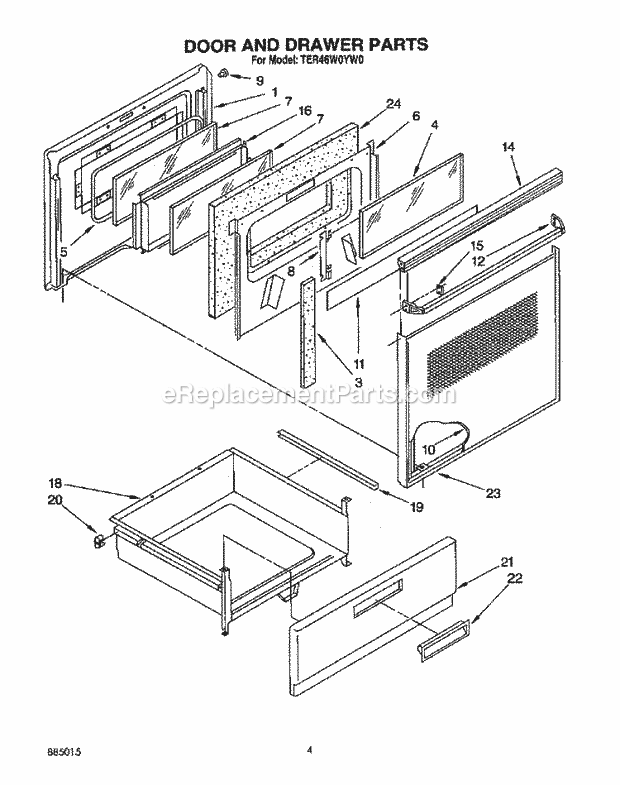 Whirlpool TER46W0YN0 Range Door and Drawer Diagram