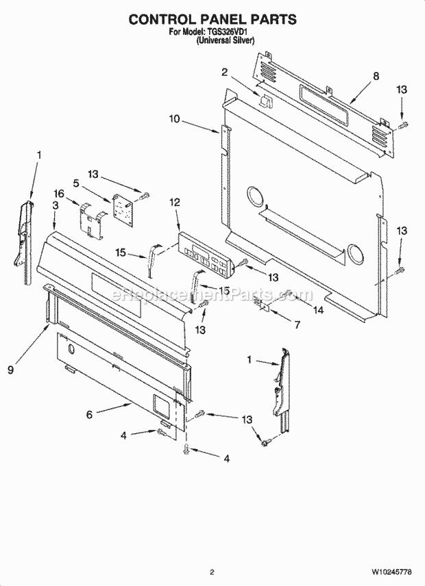 Whirlpool TGS326VD1 Range Control Panel Parts Diagram