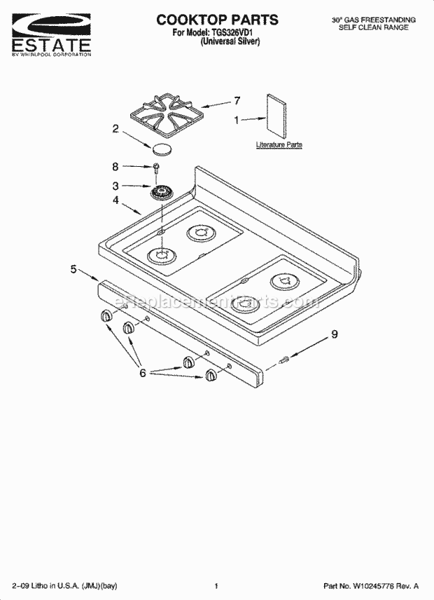 Whirlpool TGS326VD1 Range Cooktop Parts Diagram