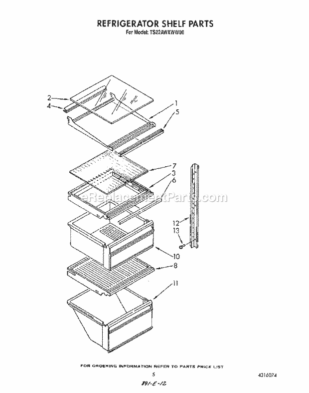 Whirlpool TS22AWXWW00 Side-By-Side Refrigerator Refrigerator Shelf Diagram