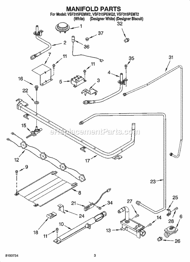 Whirlpool VSF315PEMT2 Freestanding Gas Range Manifold Parts Diagram