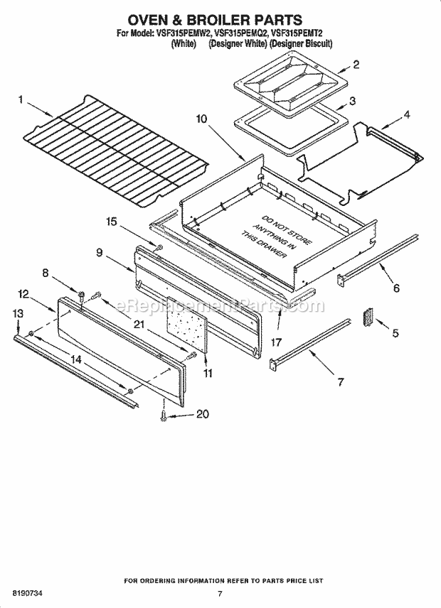 Whirlpool VSF315PEMW2 Freestanding Gas Range Oven & Broiler Parts Diagram