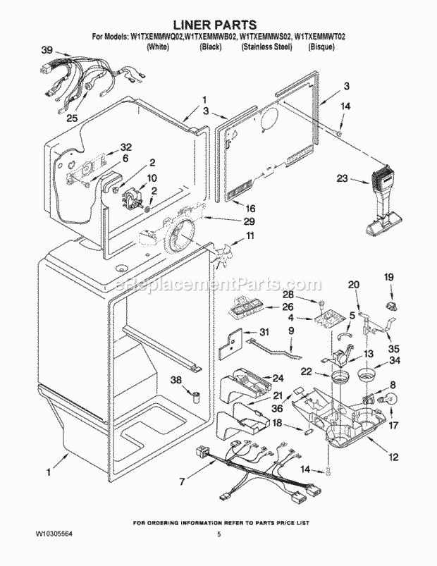 Whirlpool W1TXEMMWB02 Top Freezer Refrigerator Liner Parts Diagram