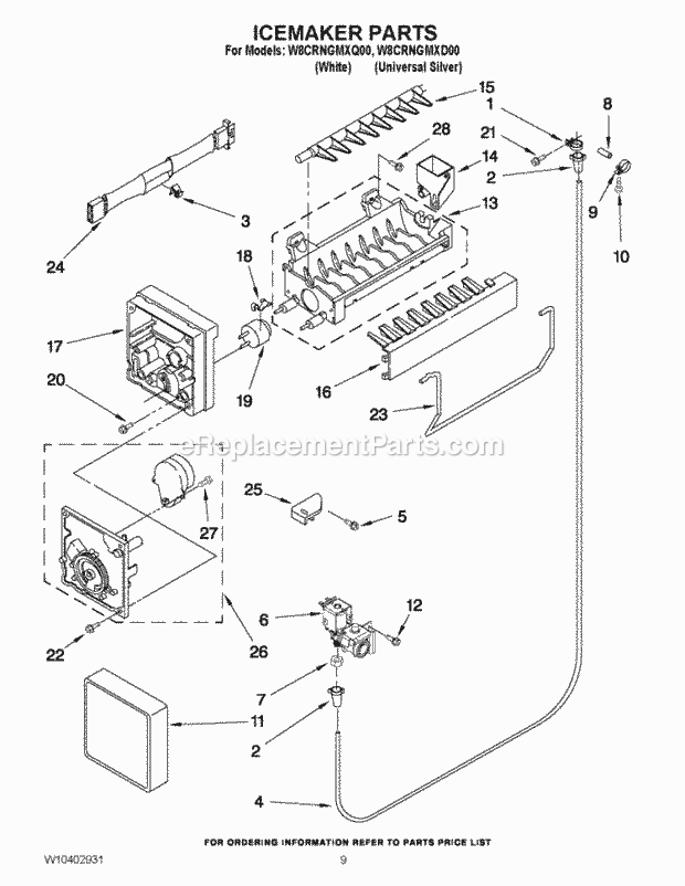 Whirlpool W8CRNGMXD00 Top Freezer Refrigerator Icemaker Parts Diagram