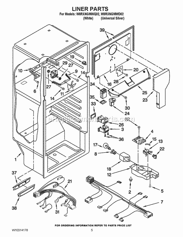 Whirlpool W8RXNGMWQ02 Top Freezer Refrigerator Liner Parts Diagram