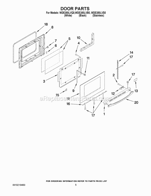 Whirlpool WDE350LVS0 Drop-in Electric Range Door Parts Diagram