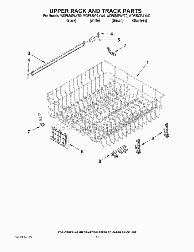 Whirlpool WDF530PAYT0 Undercounter Dishwasher Upper Rack and Track Parts Diagram