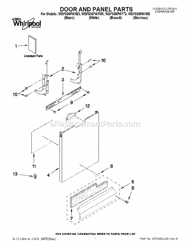 Whirlpool WDF530PAYT3 Undercounter Dishwasher Door and Panel Parts Diagram