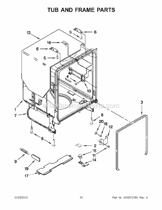 Whirlpool WDF530PLYB4 Undercounter Dishwasher Tub and Frame Parts Diagram