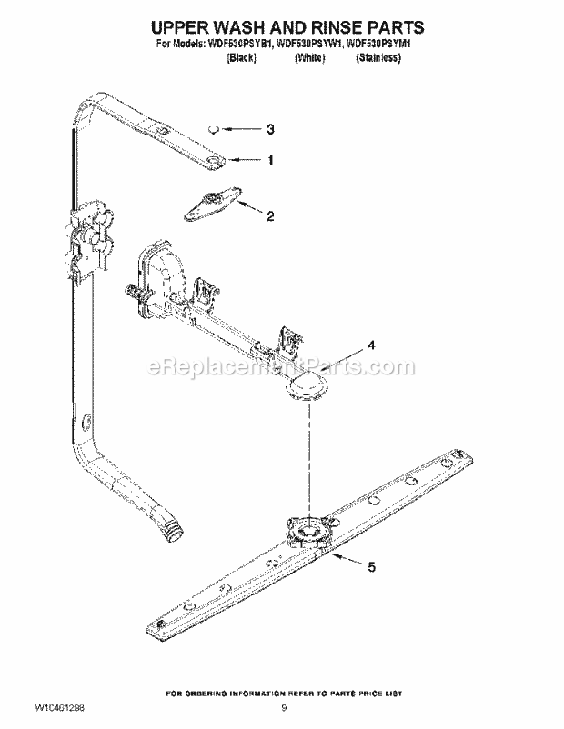 Whirlpool WDF530PSYW1 Undercounter Dishwasher Upper Wash and Rinse Parts Diagram