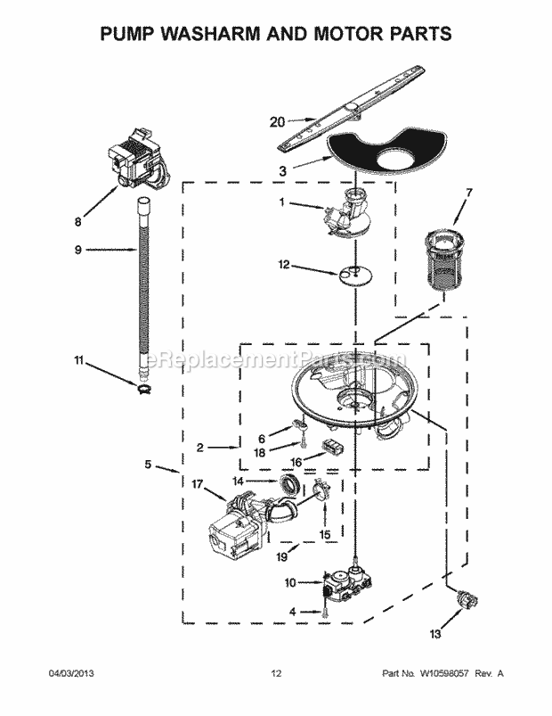 Whirlpool WDF730PAYW5 Undercounter Dishwasher Pump Washarm and Motor Parts Diagram