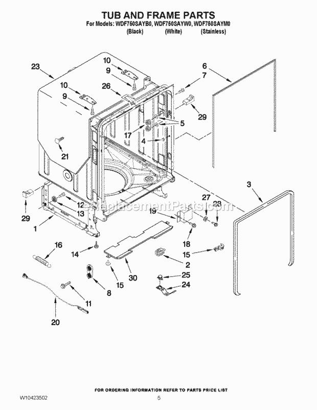 Whirlpool WDF750SAYM0 Undercounter Dishwasher Tub and Frame Parts Diagram