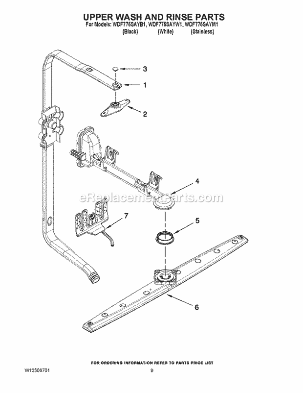 Whirlpool WDF775SAYM1 Undercounter Dishwasher Upper Wash and Rinse Parts Diagram