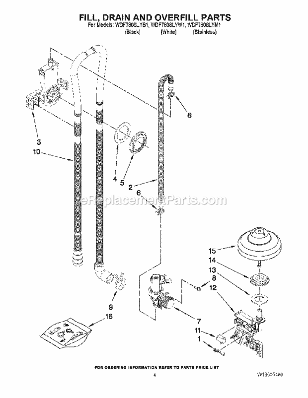 Whirlpool WDF780SLYB1 Undercounter Dishwasher Fill, Drain and Overfill Parts Diagram