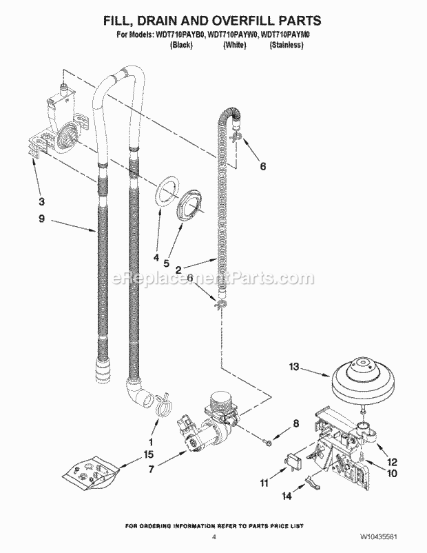 Whirlpool WDT710PAYB0 Undercounter Dishwasher Fill, Drain and Overfill Parts Diagram