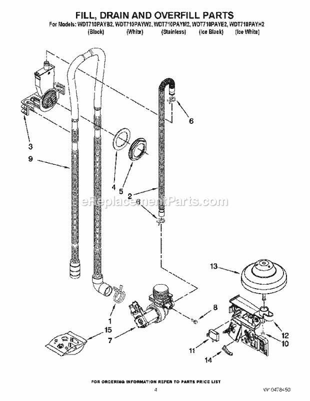 Whirlpool WDT710PAYH2 Undercounter Dishwasher Fill, Drain and Overfill Parts Diagram