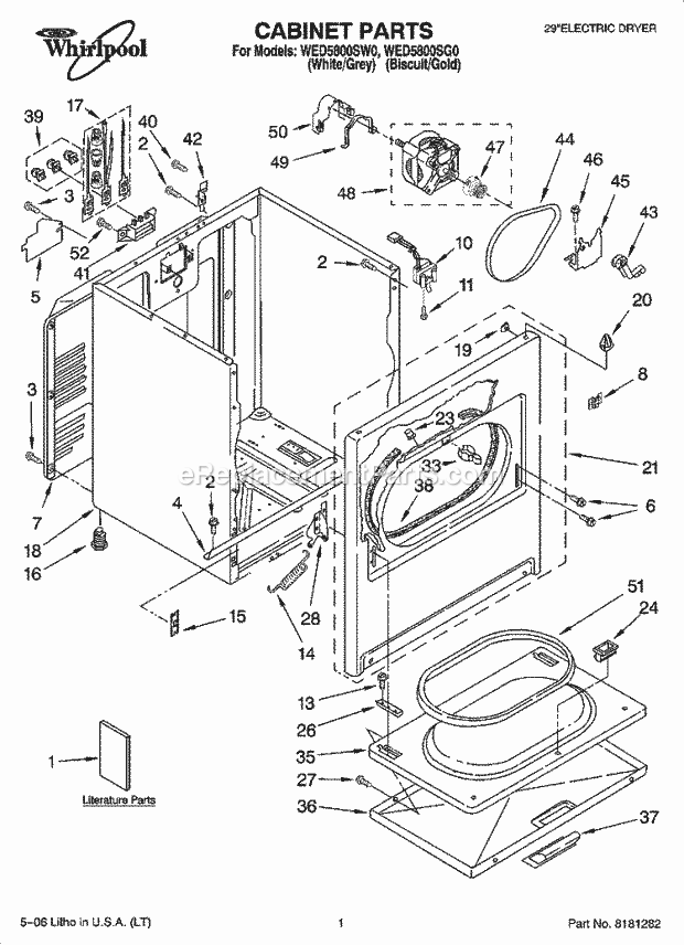 Whirlpool WED5800SW0 Residential Dryer Cabinet Parts Diagram