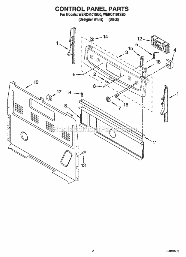 Whirlpool WERC4101SB0 Freestanding Electric Control Panel Parts Diagram