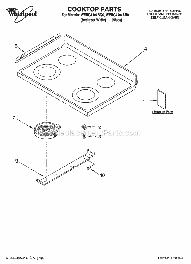 Whirlpool WERC4101SB0 Freestanding Electric Cooktop Parts Diagram