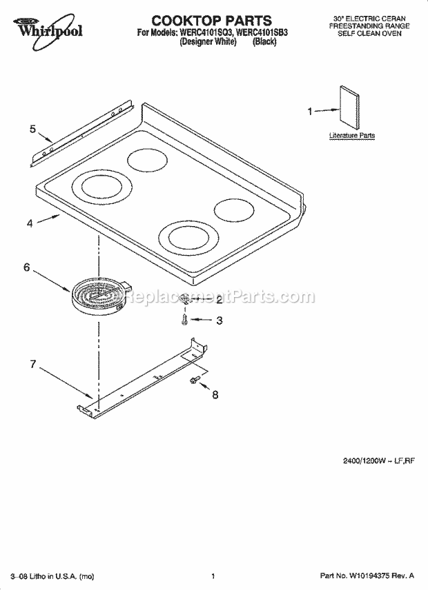 Whirlpool WERC4101SB3 Freestanding Electric Cooktop Parts Diagram