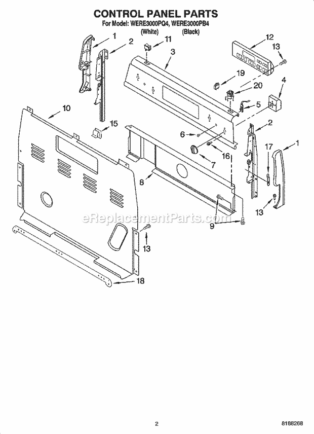 Whirlpool WERE3000PB4 Freestanding Electric Control Panel Parts Diagram