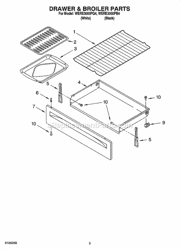 Whirlpool WERE3000PB4 Freestanding Electric Drawer & Broiler Parts Diagram