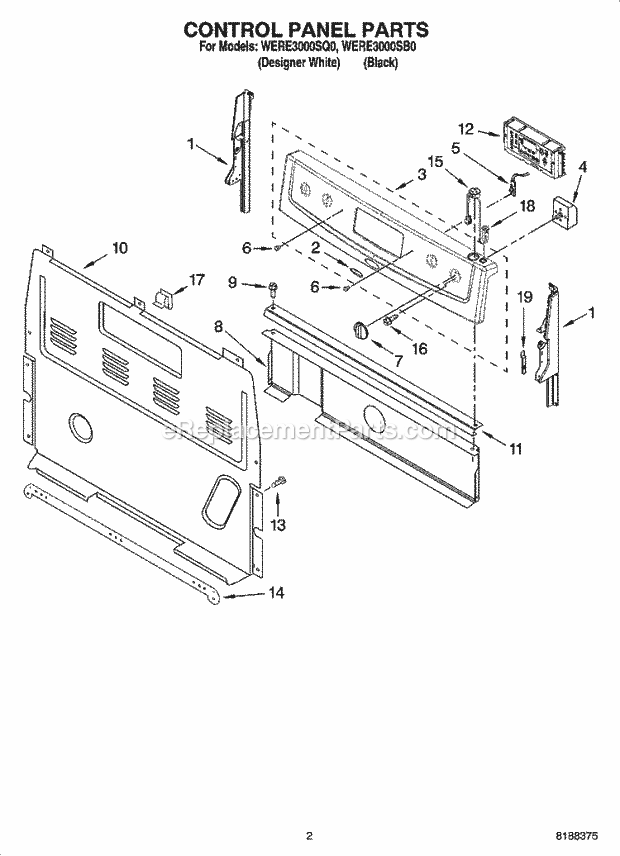 Whirlpool WERE3000SQ0 Freestanding Electric Control Panel Parts Diagram