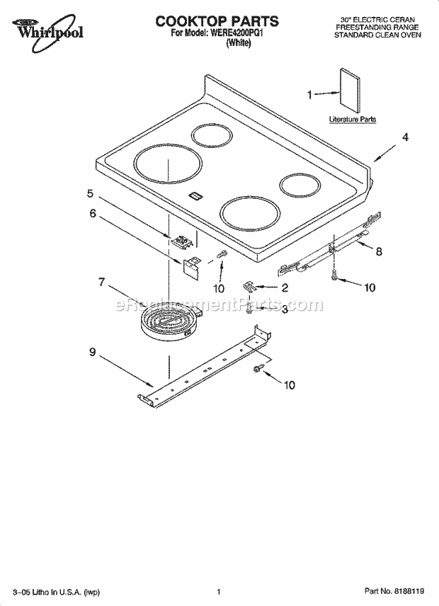 Whirlpool WERE4200PQ1 Freestanding Electric Range Cooktop Parts Diagram