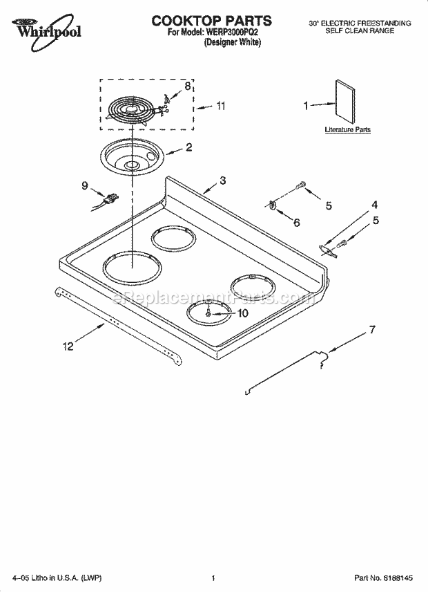 Whirlpool WERP3000PQ2 Freestanding Electric Cooktop Parts Diagram