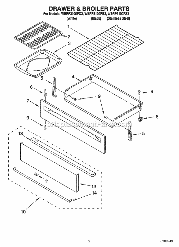 Whirlpool WERP3100PQ2 Freestanding Electric Drawer & Broiler Parts Diagram