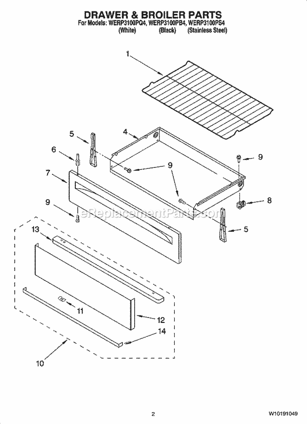 Whirlpool WERP3100PS4 Freestanding Electric Drawer & Broiler Parts Diagram