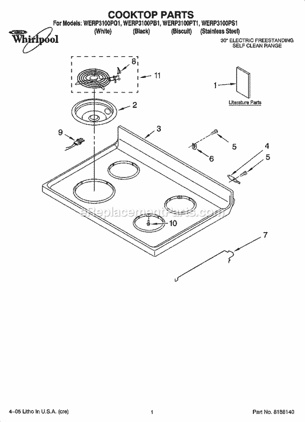 Whirlpool WERP3100PT1 Freestanding Electric Cooktop Parts Diagram