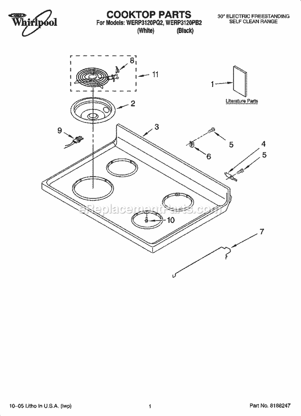 Whirlpool WERP3120PB2 Freestanding Electric Cooktop Parts Diagram