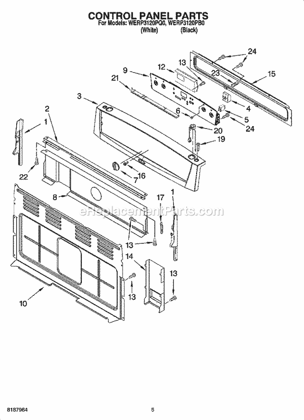 Whirlpool WERP3120PQ0 Freestanding Electric Control Panel Parts Diagram