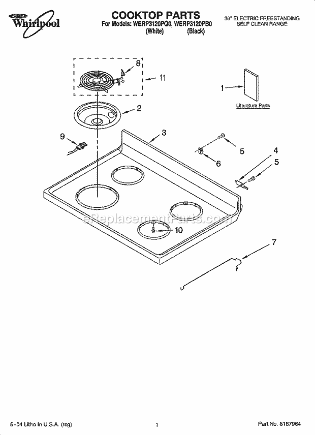 Whirlpool WERP3120PQ0 Freestanding Electric Cooktop Parts Diagram