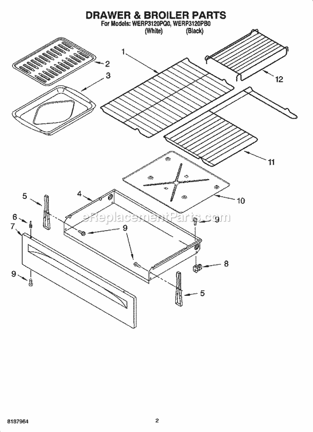 Whirlpool WERP3120PQ0 Freestanding Electric Drawer & Broiler Parts Diagram