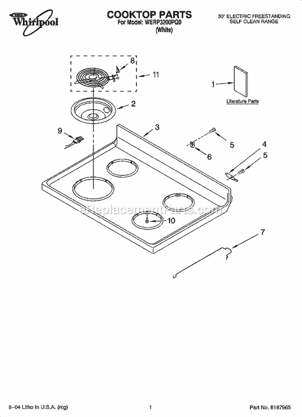 Whirlpool WERP3200PQ0 Freestanding Electric Cooktop Parts Diagram