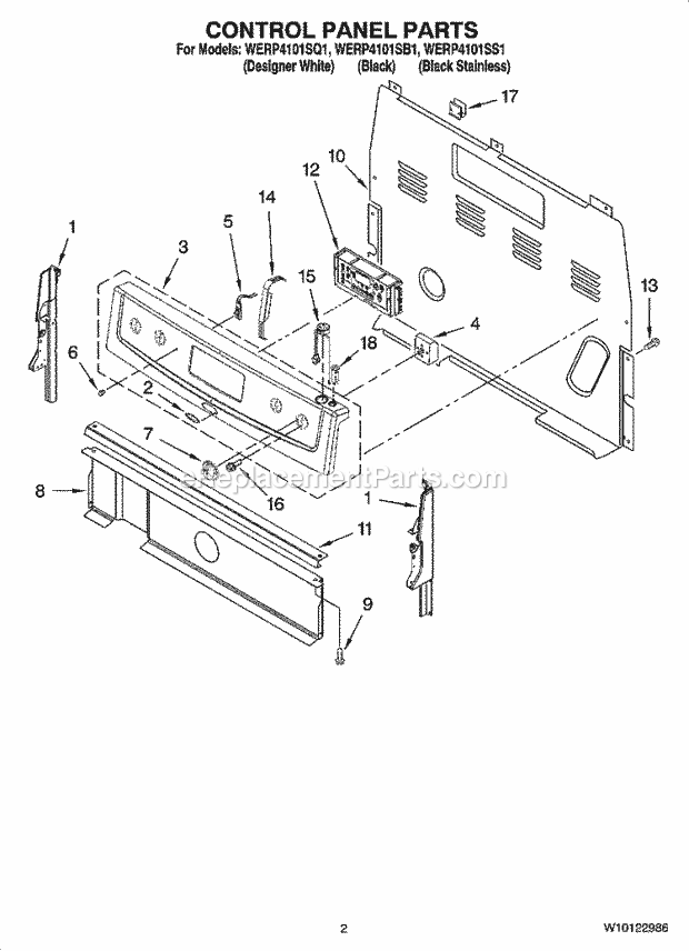 Whirlpool WERP4101SB1 Freestanding Electric Control Panel Parts Diagram