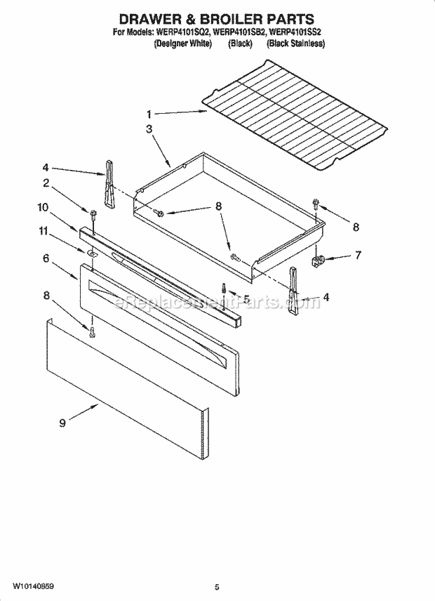 Whirlpool WERP4101SB2 Freestanding Electric Drawer & Broiler Parts Diagram