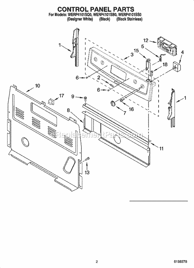 Whirlpool WERP4101SQ0 Freestanding Electric Control Panel Parts Diagram