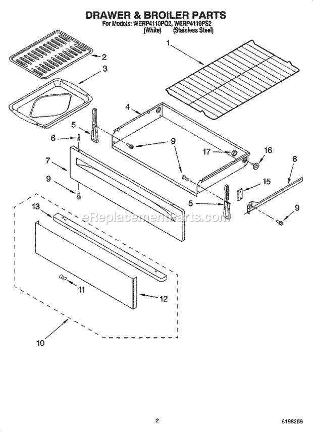 Whirlpool WERP4110PQ2 Freestanding Electric Drawer & Broiler Parts Diagram