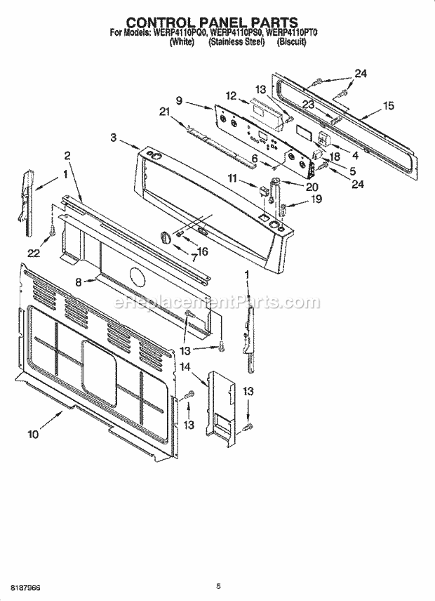 Whirlpool WERP4110PS0 Freestanding Electric Control Panel Parts Diagram