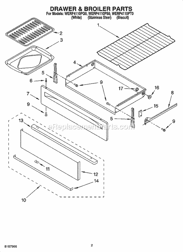 Whirlpool WERP4110PS0 Freestanding Electric Drawer & Broiler Parts Diagram