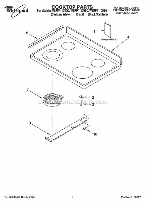 Whirlpool WERP4110SB0 Freestanding Electric Cooktop Parts Diagram