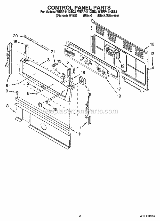 Whirlpool WERP4110SB3 Freestanding Electric Control Panel Parts Diagram